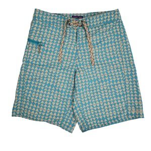 PATAGONIA Men's 30 Teal Tan Geometric Print Wavefarer Board Shorts Swim Trunks